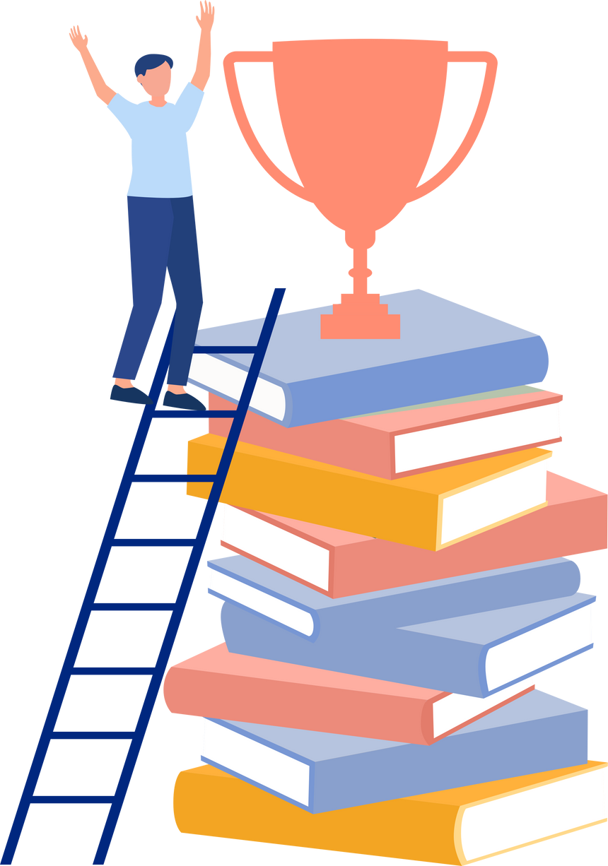 Student climbs stairs textbooks to success Trophy cup on top of the book stack Idea of knowledge education and learning.