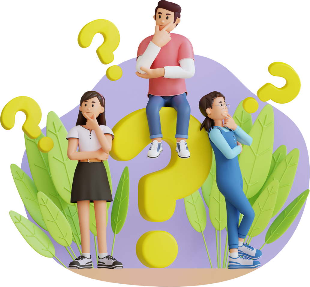 teenagers are standing thinking with a big question mark 3d character illustration